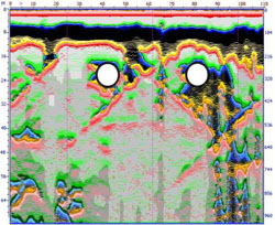 Трубы в поперечном сечении на радиограмме георадара ЛОЗА