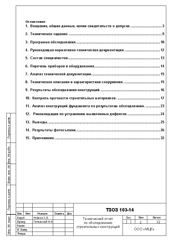 Структура технического отчета по обследованию строительных конструкций здания