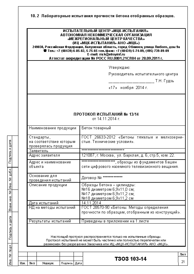 Протокол испытаний бетона на прочность